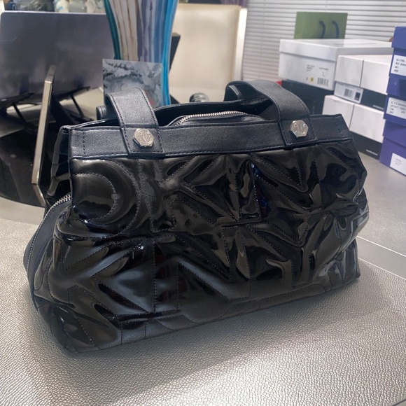 DKNY Black Patent Leather Logo Small Satchel Shoulder Bag - Picture 9 of 9